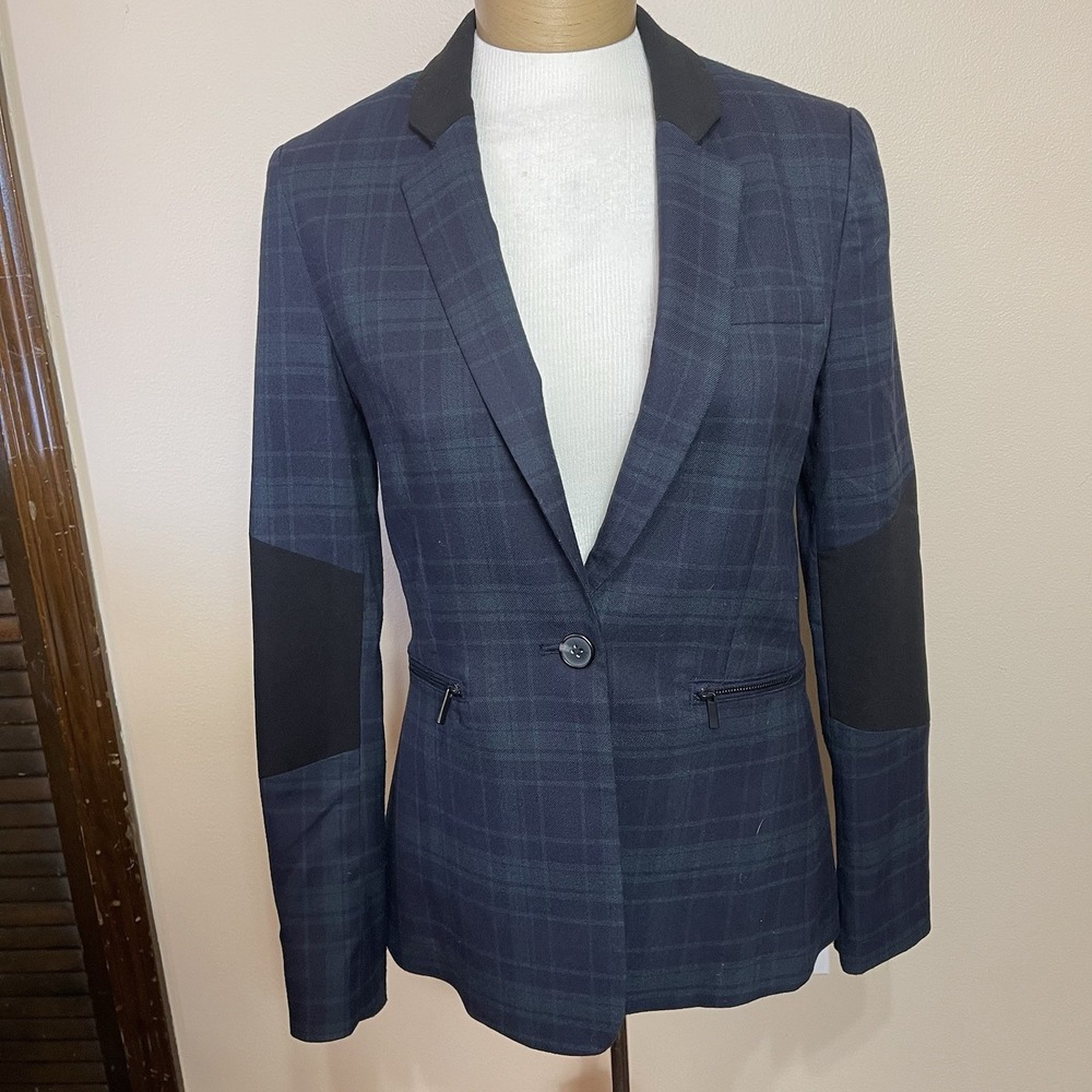 1 STATE Womens Navy Green Plaid Blazer Elbow Patches Zipper Detail Size 4